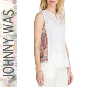 Johnny Was White Turia Tank Top With Multi Color Buttons Embroidered Panel Large